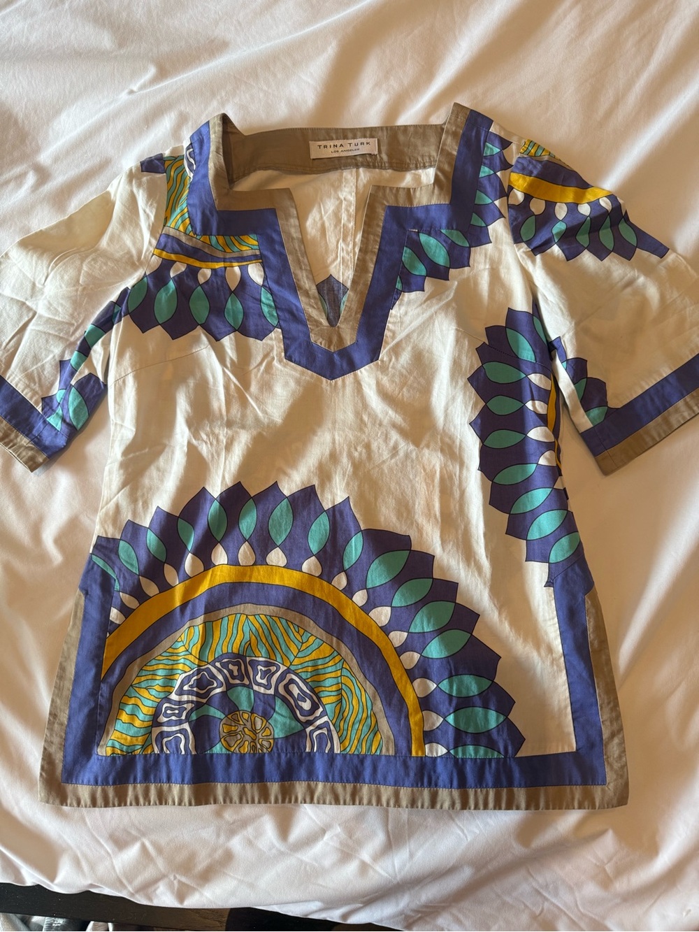 Trina Turk Cream Tunic Top with Blue, Teal & Yellow Graphic Print